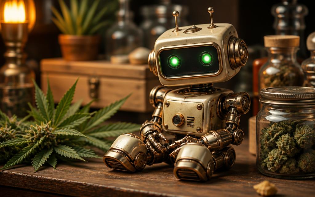 Friendly brass robot on a desk beside cannabis leaves