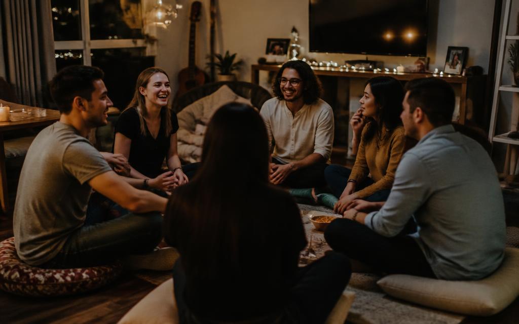 Group of friends sitting in a circle in a cozy living room