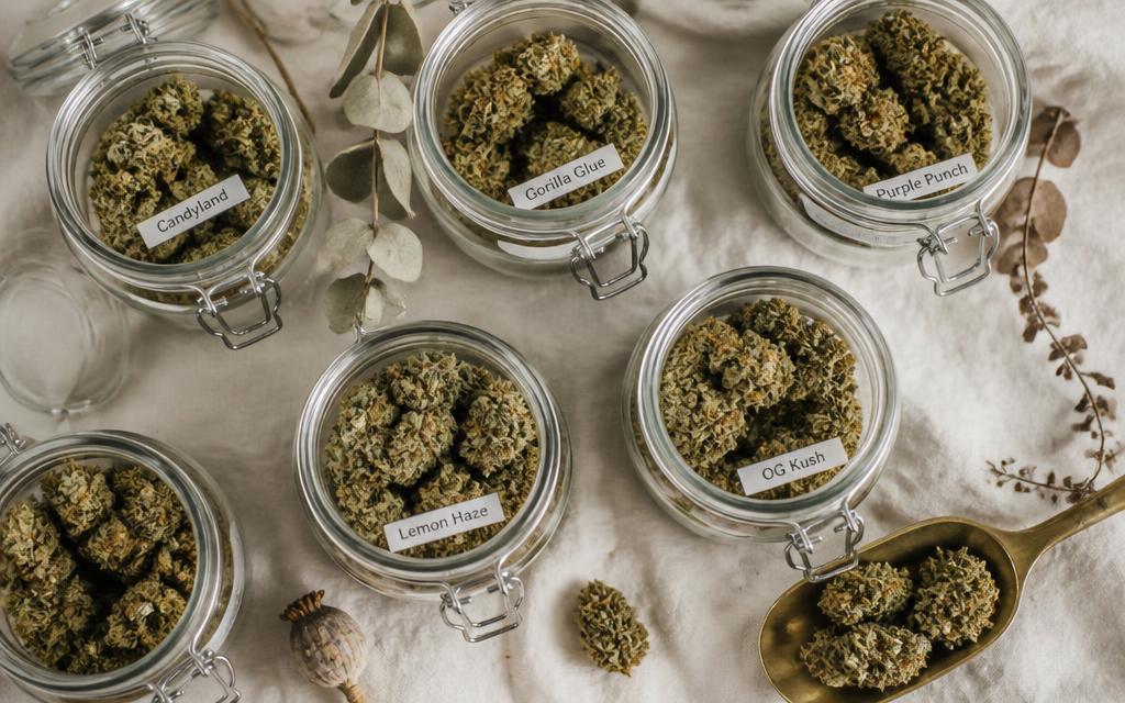 Glass jars of cannabis buds laid out on linen